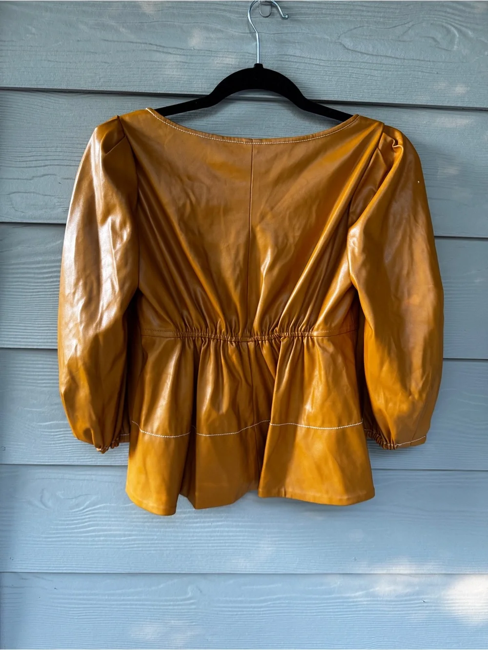 STaud Women’s S yellow Faux Leather Puff Sleeve Peplum Square Neck Blouse Top